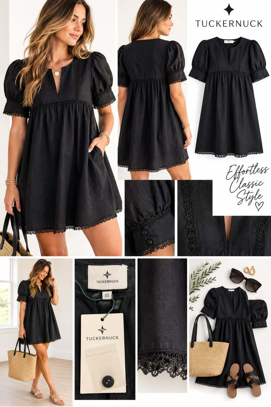 NWT Tuckernuck Black Linen Lace Trim Mini Dress XS Puff Sleeve Babydoll